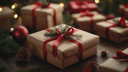 Wrapping Christmas gifts with brown kraft paper, red ribbons, and sprigs of evergreen, all neatly arranged on a wooden table. 4K hyperrealistic photo.