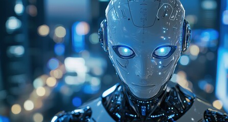 Poster - Futuristic humanoid robot with glowing blue eyes in a night cityscape setting depicting advanced artificial intelligence and technology