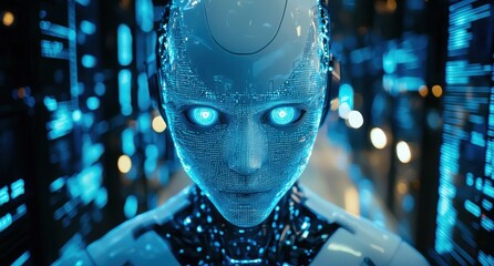 Poster - A futuristic humanoid robot with glowing eyes and intricate digital patterns in a high-tech environment