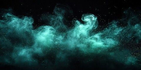 Abstract glowing green dust particles floating on a dark black background, creating an ethereal and otherworldly scene with swirling cosmic energy, evoking futuristic and sci-fi visual aesthetics
