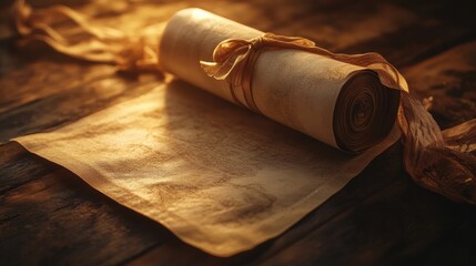 An ancient scroll rolled up and tied with a silk ribbon, placed on a polished wooden table with soft lighting