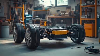 An electric car battery pack under a vehicle chassis in a workshop setting, with tools and equipment around