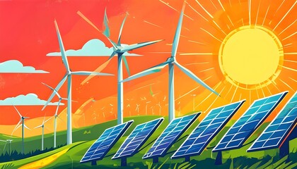 Vibrant illustration showcasing renewable energy sources with solar panels, wind turbines, and glowing sun icons