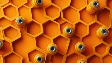 Poster - Batteries arranged in a honeycomb pattern on a bright, contrasting orange background
