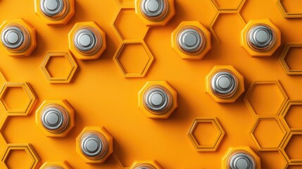 Poster - Batteries arranged in a honeycomb pattern on a bright, contrasting orange background