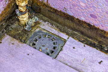 filthy dirty bathroom shower floor corner, closeup