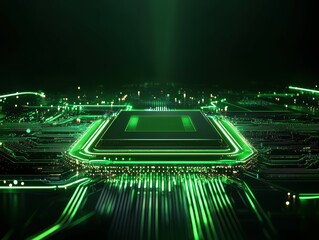 Poster - Futuristic green circuit board with glowing lines and a central processor unit.
