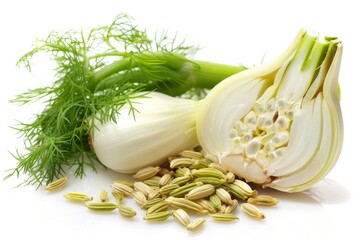 A fresh Fennel seed and Fennel seed Power isolated on white