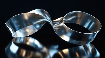 Poster - Metallic ribbon loop in a spiral formation on a reflective black surface, creating a dynamic light and shadow effect