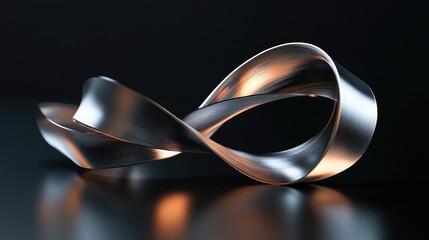 Poster - Metallic ribbon loop in a spiral formation on a reflective black surface, creating a dynamic light and shadow effect
