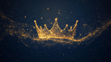 Abstract depiction of a gold crown, visualized as a starry sky or space. The image is formed from points, lines, and shapes representing planets, stars, and the universe. Vector illustration