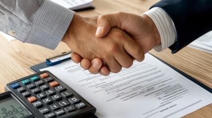 A professional handshake between business partners over a contract, symbolizing agreement and collaboration in the workplace.