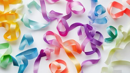 Fototapete - Multiple ribbon loops in various colors, scattered on a white background, creating a festive and joyful scene