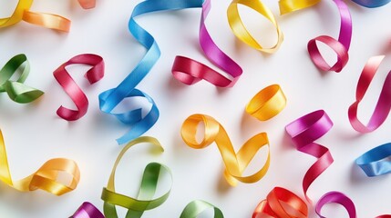 Fototapete - Multiple ribbon loops in various colors, scattered on a white background, creating a festive and joyful scene