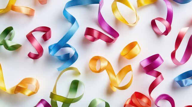 Multiple ribbon loops in various colors, scattered on a white background, creating a festive and joyful scene