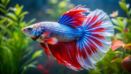 Vibrant red, white, and blue betta fish swims majestically in a clear glass aquarium, its iridescent fins and