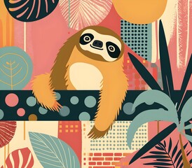 Modern style poster with sloth , The animal is set against a background of abstract forms and pastel colors