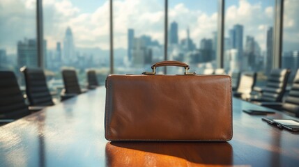 Poster - Open briefcase on a conference table, with a city skyline visible through large glass windows