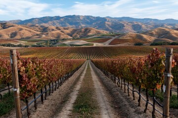 A vast vineyard stretches across the landscape, with rows of grapevines reaching out towards the distant mountains, illustrating the beauty of nature and agriculture.