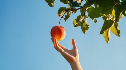 Open hand reaching for a ripe apple hanging from a tree branch, against a clear blue sky