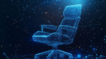 An abstract image of an office chair rendered in low poly, depicted as a starry sky or space. Composed of points, lines, and shapes resembling planets, stars, and the universe. Vector wireframe concep