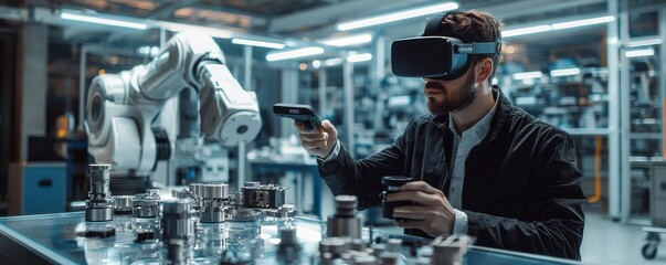 Poster - a man in a black jacket and white shirt using virtual reality in a modern industrial setting with ad