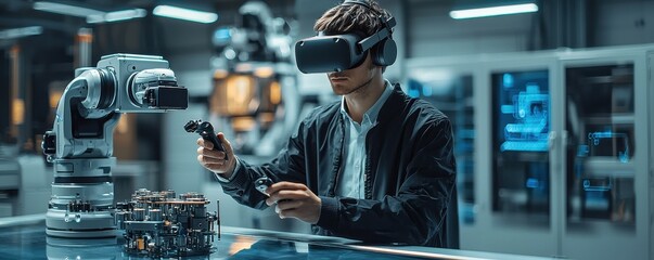 Poster - Man wearing VR headset in modern factory using virtual reality technology for controlling robotics