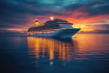 Large cruise ship is sailing on the ocean at sunset