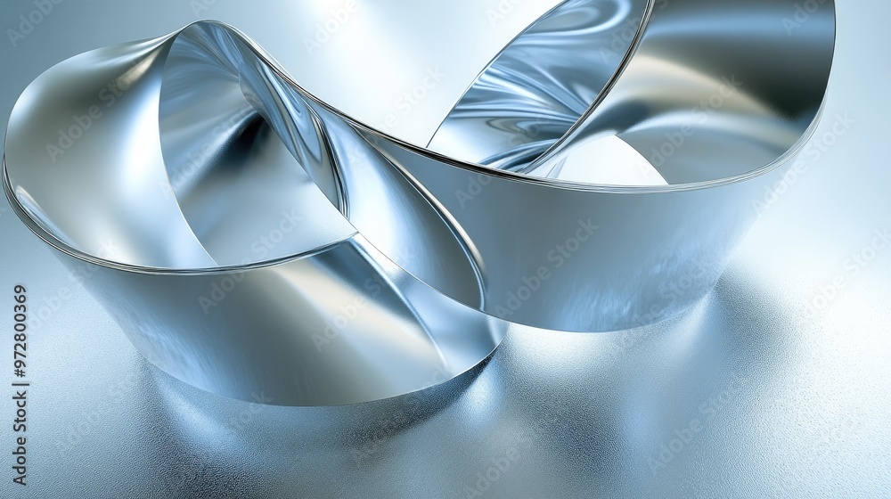 Silver ribbon loop in a spiral arrangement on a shiny metallic surface ...
