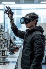 Poster - Man in black jacket using virtual reality headset with robotic hand in a technology lab setting
