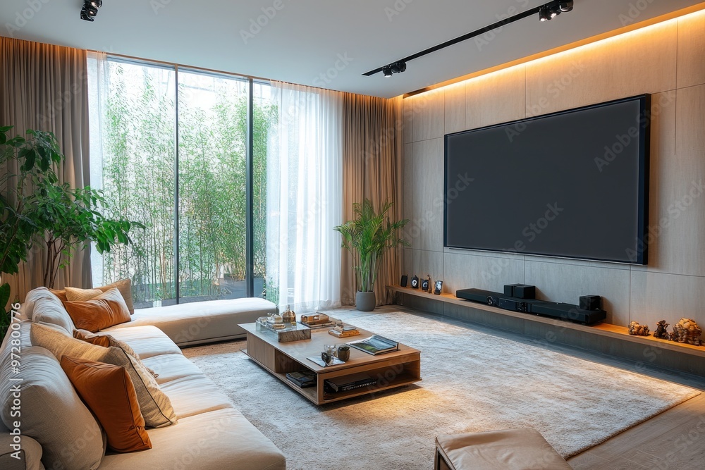 Modern living room with big screen tv and biophilic design Stock Photo ...