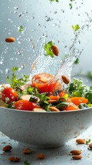 Wall Mural - Fresh salad with tomatoes and almonds with water splash.