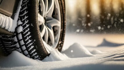 Poster - Car tires covered with snow on a snowy road. Winter driving concept