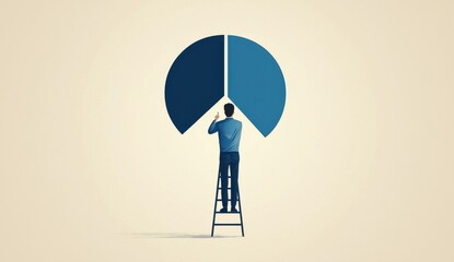 Poster - Man standing on ladder painting a pie chart on wall symbolizing data analysis and business growth