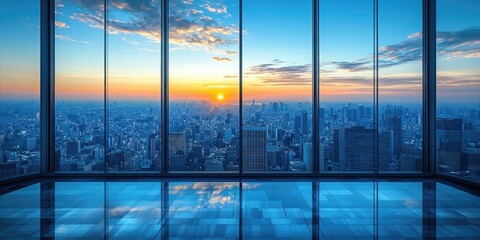 Aufkleber - Empty modern office interior overlooking city at sunset