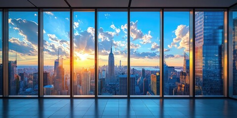 Aufkleber - Empty modern office interior reflecting sunrise over shanghai skyline