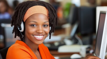 Poster - A woman wearing headphones and smiling at the camera. She is sitting at a desk with a computer monitor in front of her