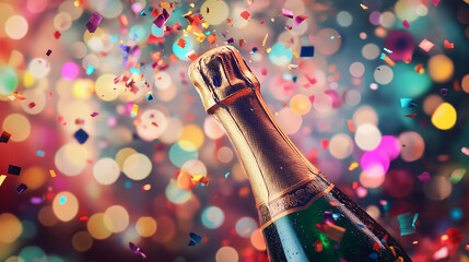 A champagne bottle popping open with confetti and colorful bokeh lights in the background.