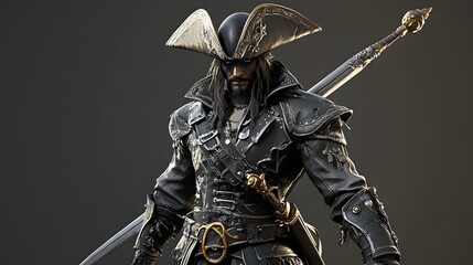 Wall Mural - 13. **Realistic 3D depiction of an armored pirate warrior with a cutlass and tricorn hat