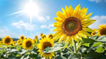 Wall Mural - Sunflowers bloom under a clear blue sky, basking in the sun's golden light.