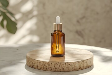 amber glass dropper bottle on wooden platform