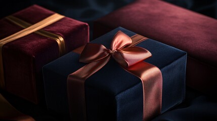 Jewelry packaging with a velvet and satin touch, luxurious materials in soft, rich colors like deep burgundy and navy, highlighted by gold accents, studio setting with a dark, moody background, soft,