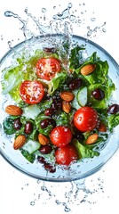 Wall Mural - Fresh salad with tomatoes, lettuce, almonds, and olives in a bowl with water splashing.