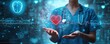 © Georgii - Nurse in blue scrubs holds a glowing heart hologram, symbolizing healthcare, technology, and compassionate care