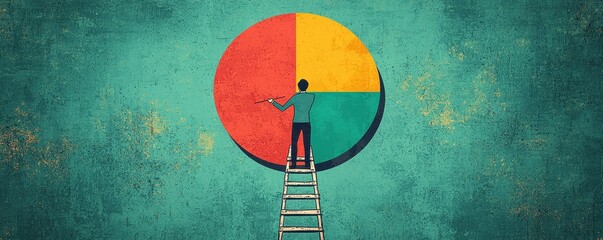 Poster - Person standing on a ladder analyzing data on a large pie chart in a conceptual illustration