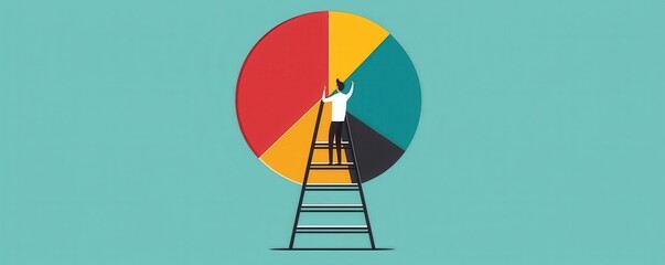 Poster - Person on ladder analyzing large pie chart for data insights and business strategy on teal background