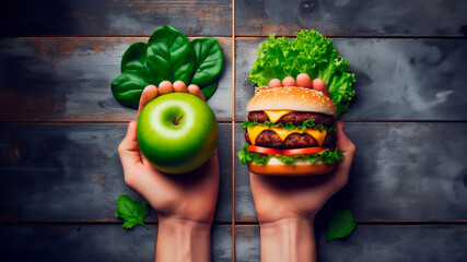 Comparison: one hand holds an apple, the other hand opposite holds a hamburger. Concept healthy natural organic fresh vegetarian food vs unhealthy processed fast food meat food. Healthy eating