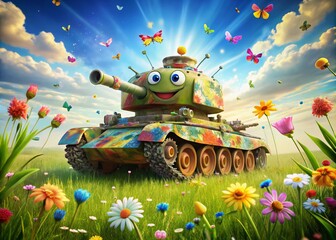 Vibrant, whimsical illustration of a small, smiling tank with colorful camouflage, sitting on a bright green meadow,