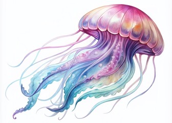 Wall Mural - Vibrant, whimsical illustration of a solitary jellyfish with delicate, curved tentacles and a transparent, bell-shaped