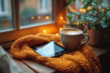 Wall Mural - Cozy Autumn Windowsill with Coffee and Tablet